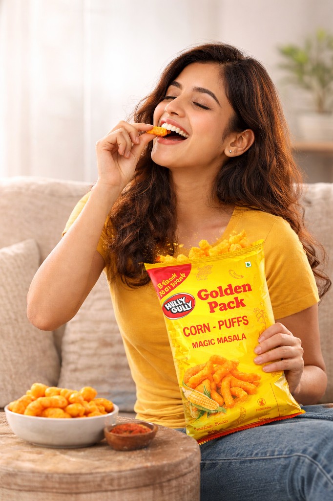 Person enjoying Hully Gully Golden Pack corn puffs — Magic Masala